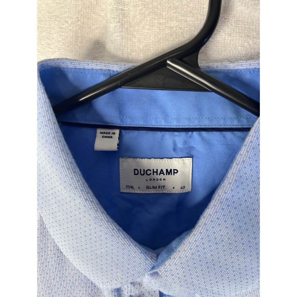 Duchamp London Mens Slim Fit Button Down Shirt Blue Micro Pattern 17 XL 43